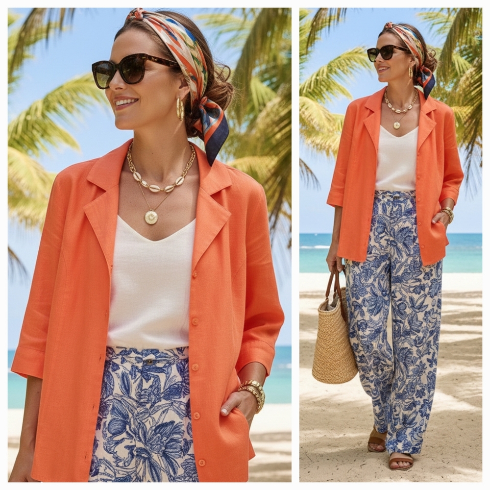 NWOT Jaclyn Smith XL Lagenlook Boho Resortwear Gauze Linen Button Down Shirt